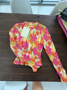 Sabo Skirt Smocked Floral Blouse in Pink, Orange & Yellow